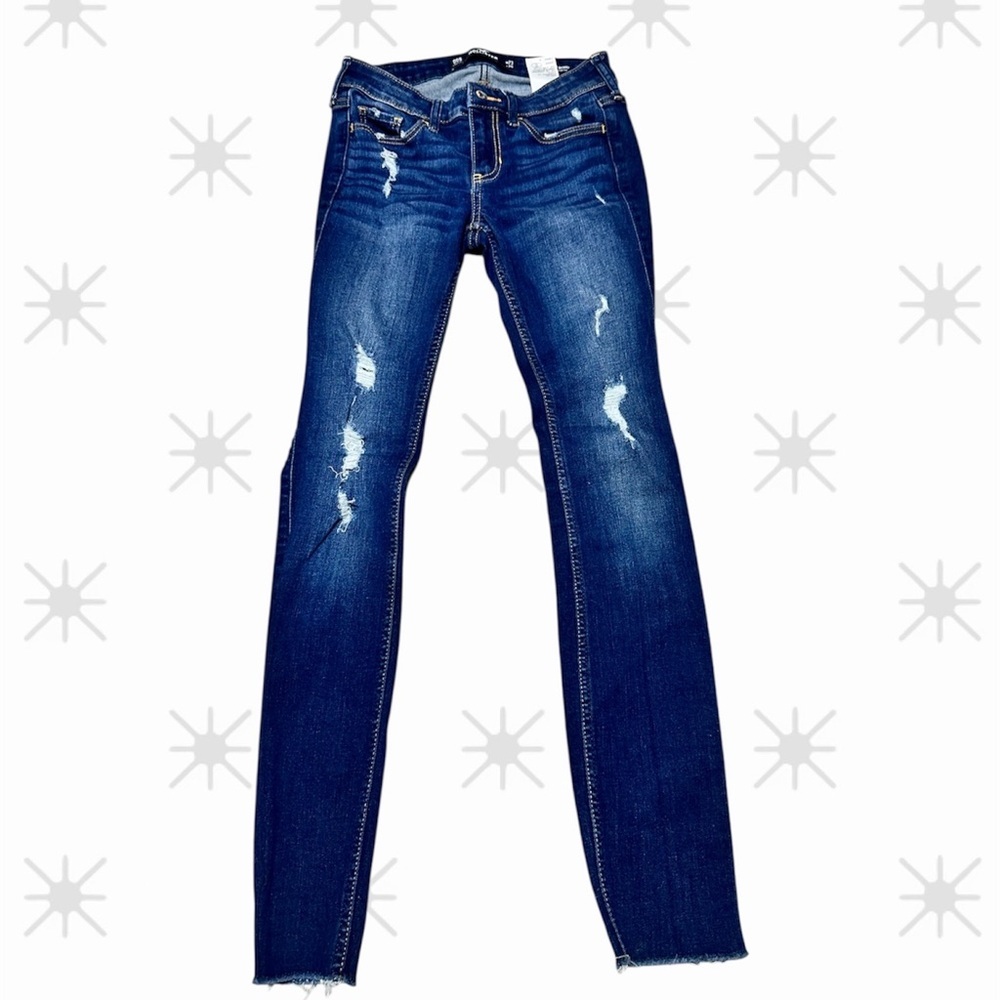 Hollister Size 00 Distressed Skinny Jeans Blue Raw Hem Stretch Denim Y2K Casual